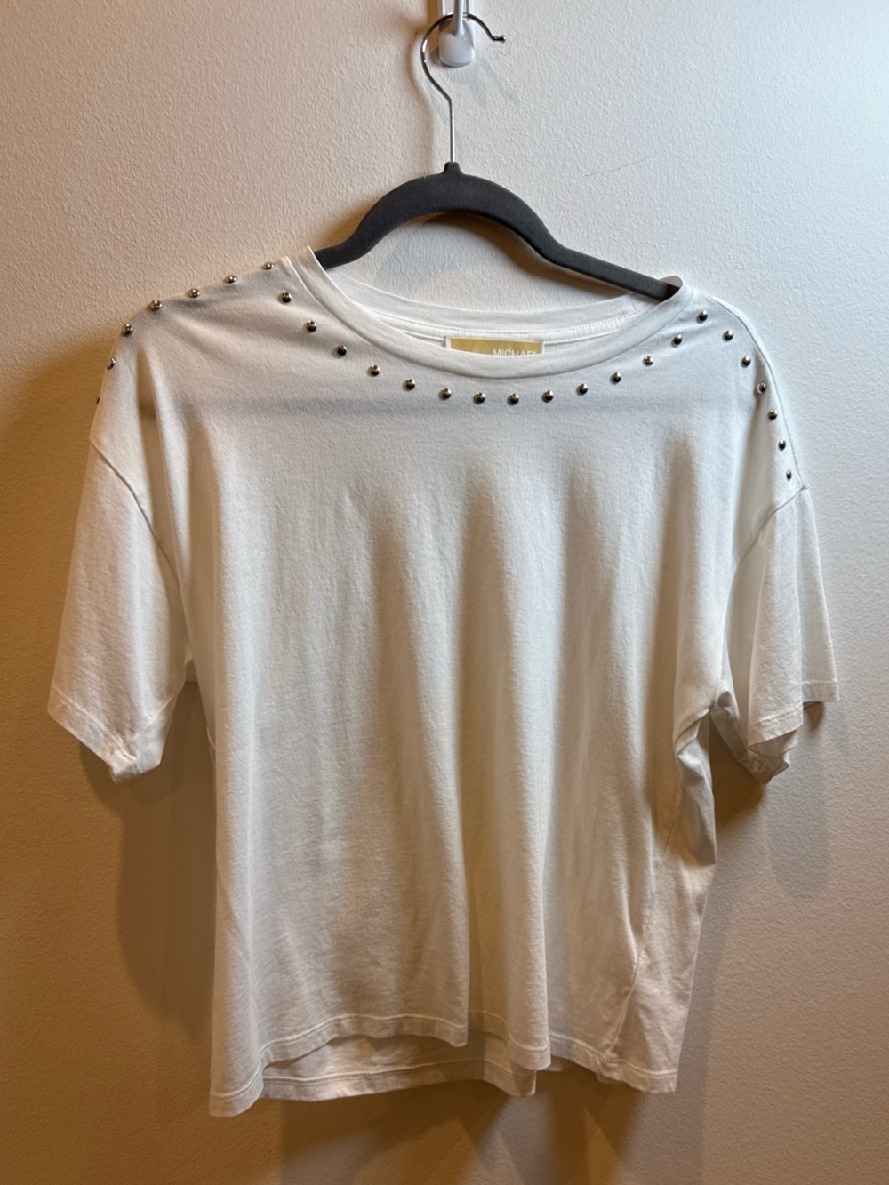 Michael Michael Kors White Studded Neck Tee Size Small Silver Embellished Top